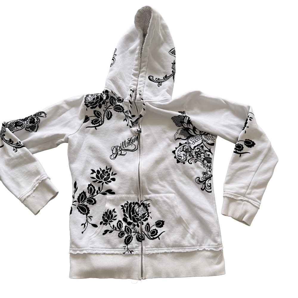 Billabong Womens White Black Floral Full Zip Hoodie Sweatshirt L